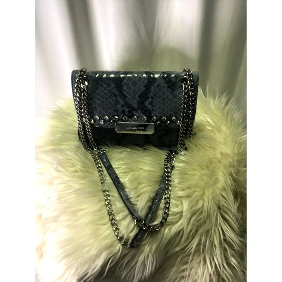 Michael Kors Aquamarine Python Embossed Leather Sloan Studded Shoulder Bag - Picture 2 of 11